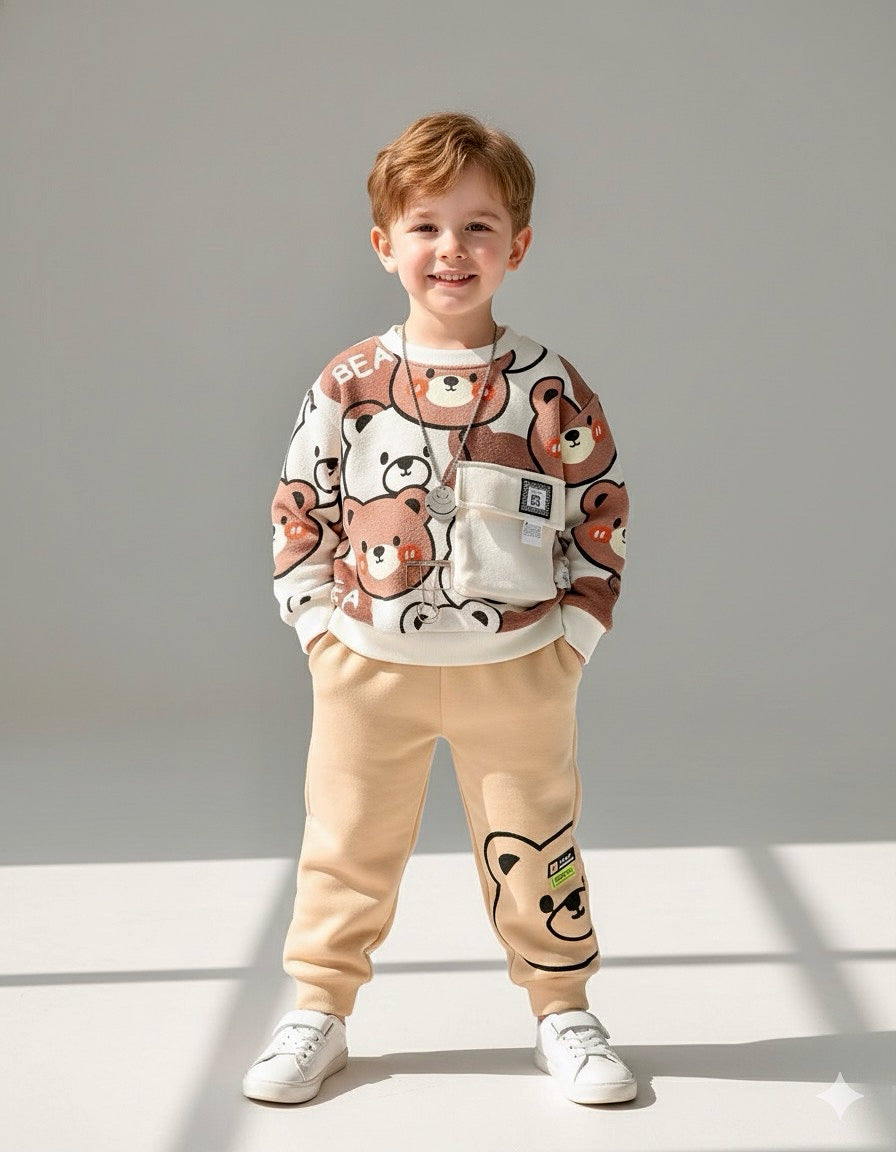 White Brown Bear Print Sweatshirt With Trouser For Kids