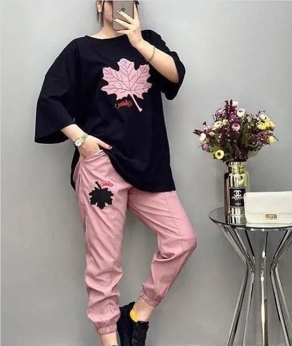 Black Pink Leaf Print Shirt & Trouser ( PJ Set )