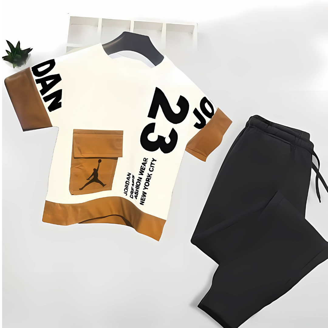 White Jordan 23 Style Shirt & Black Trouser For Baby & Baba