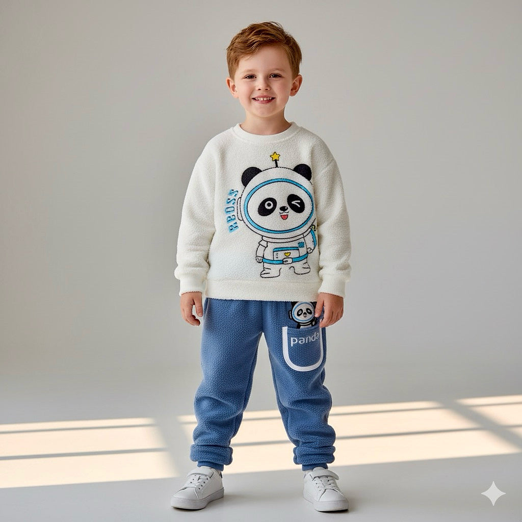 White Panda Print Sweatshirt With Trouser For Kids