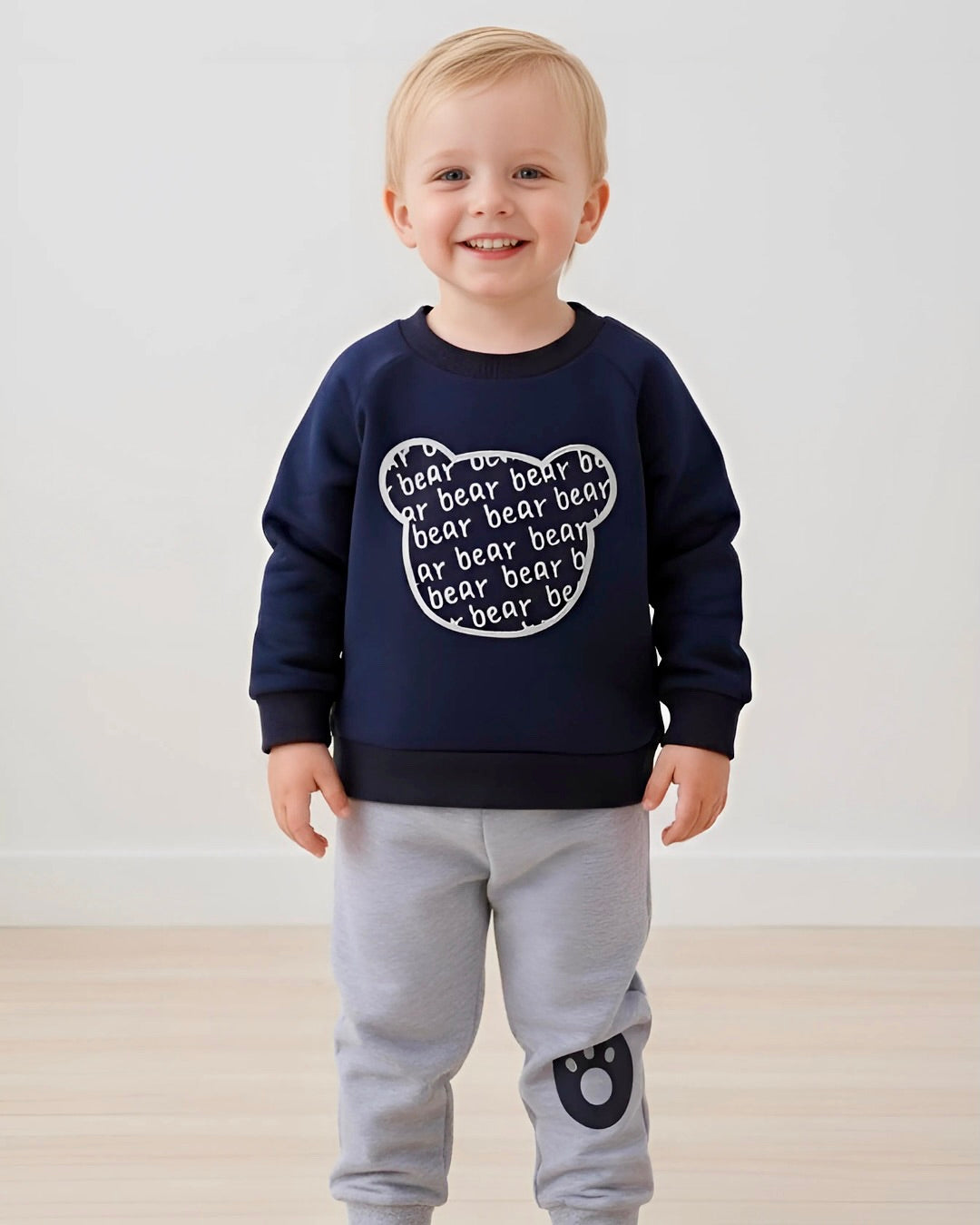 Dark Blue Bear New Print Sweatshirt With Trouser For Kids