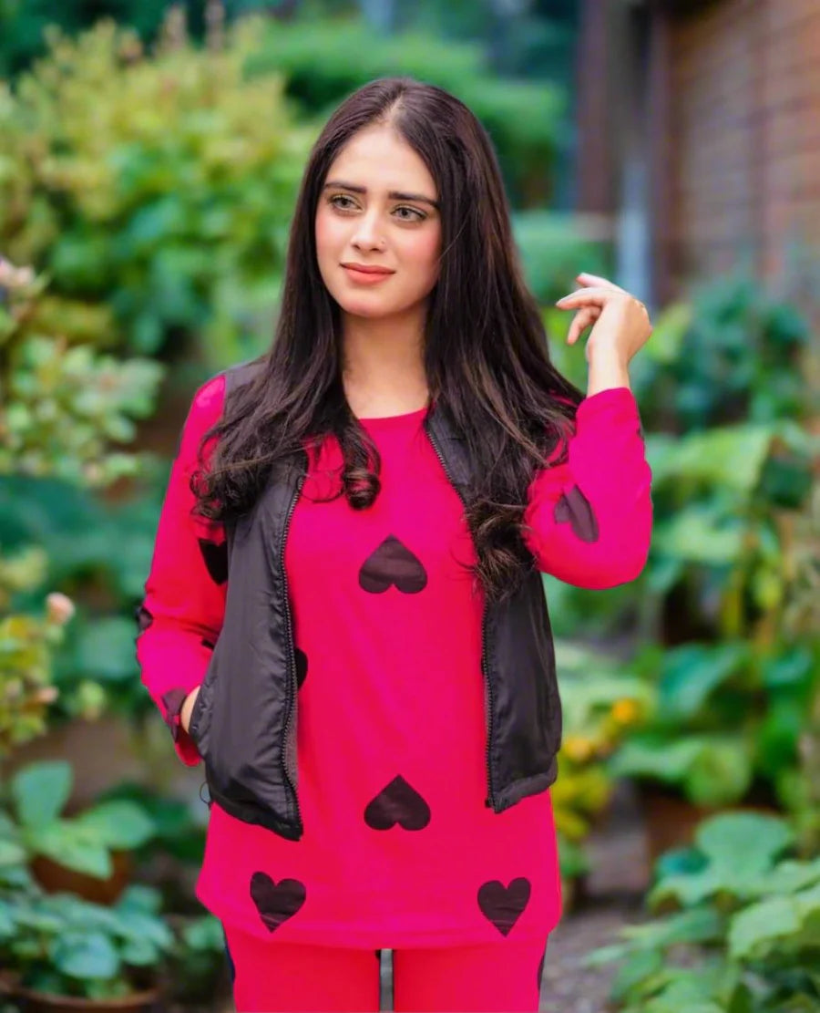 Hot Pink Hearts Full Sleeves Shirt & Trouser ( PJ Set )