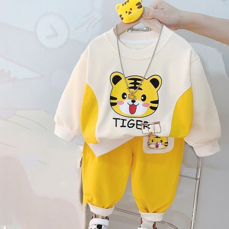 Yellow Tiger Print Sweatshirt With Trouser For Kids