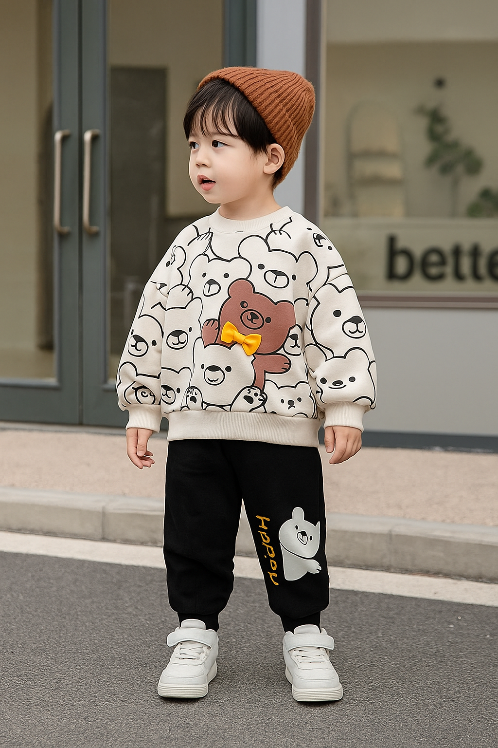 Skin White Bears Print Sweatshirt With Trouser For Kids