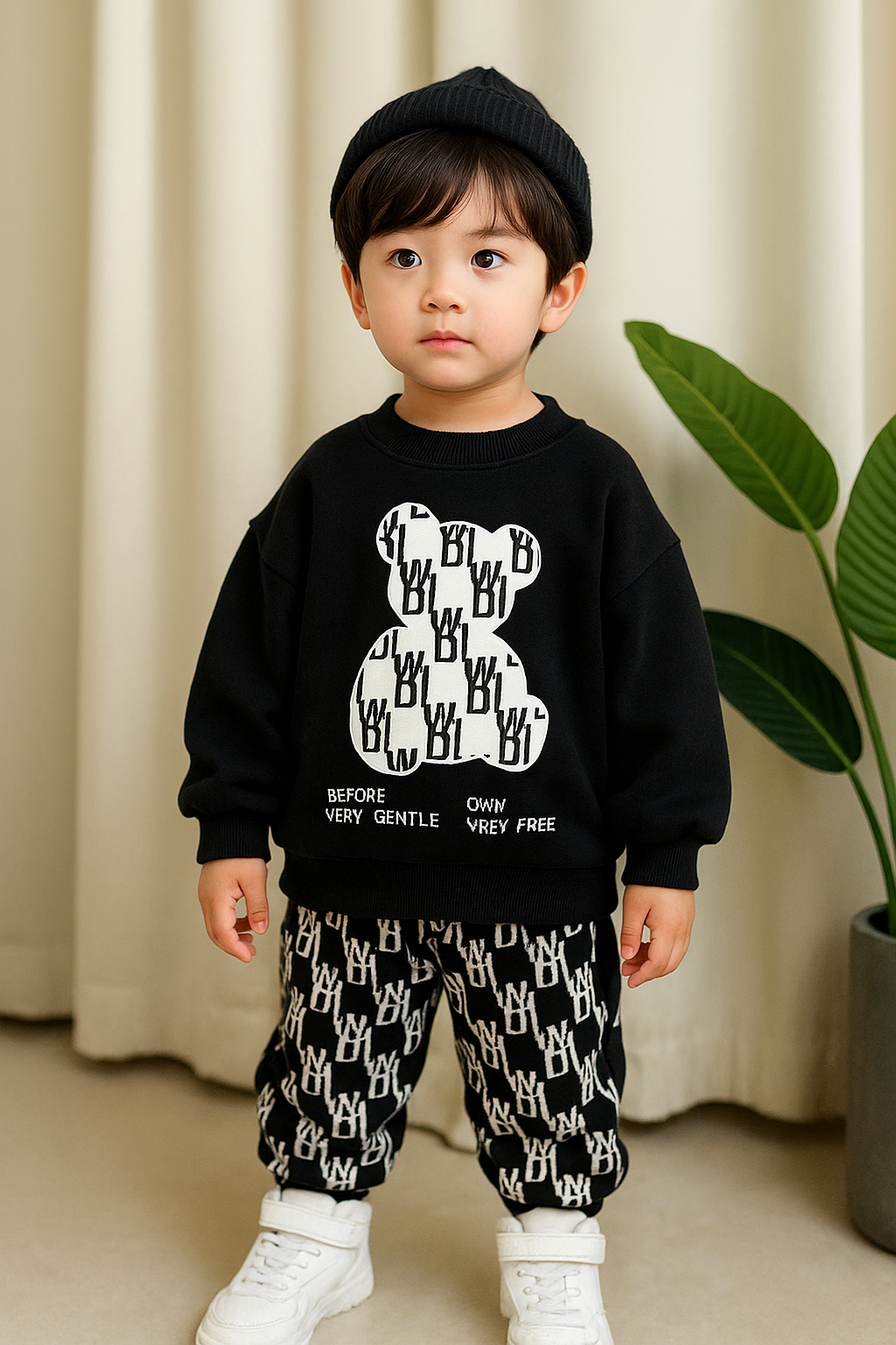 Black Bear Print Sweatshirt With Trouser For Kids