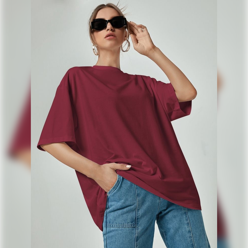 Hot Maroon Plain Drop Shoulder Tee