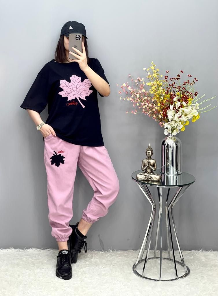 Black Pink Leafy Combo Shirt Trouser ( PJ Set )