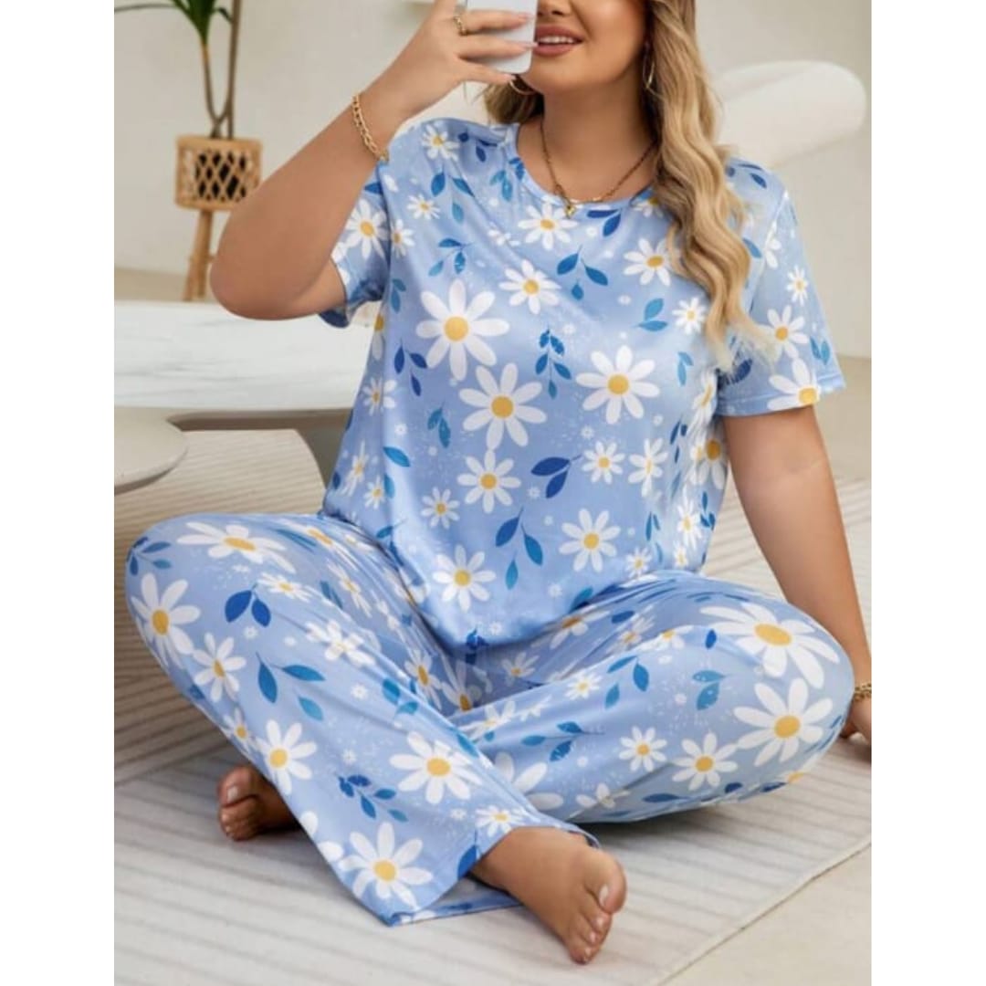 Blue Flowers Print Half Sleeves T-shirt With Flowers Print Pajama Suit