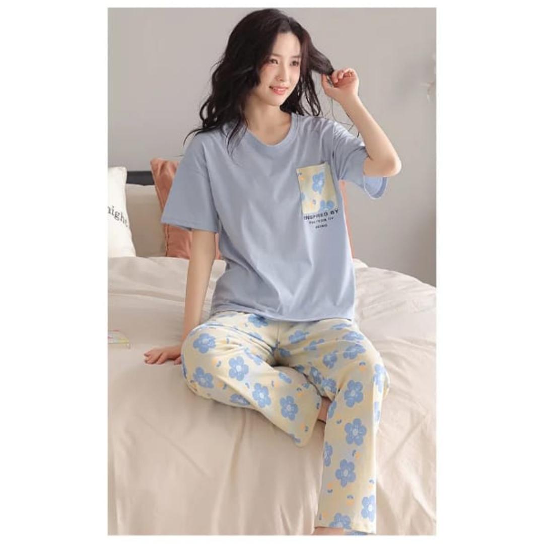 Blue Flower Pocket Print Half Sleeves T-shirt With Flowers Print Pajama Suit