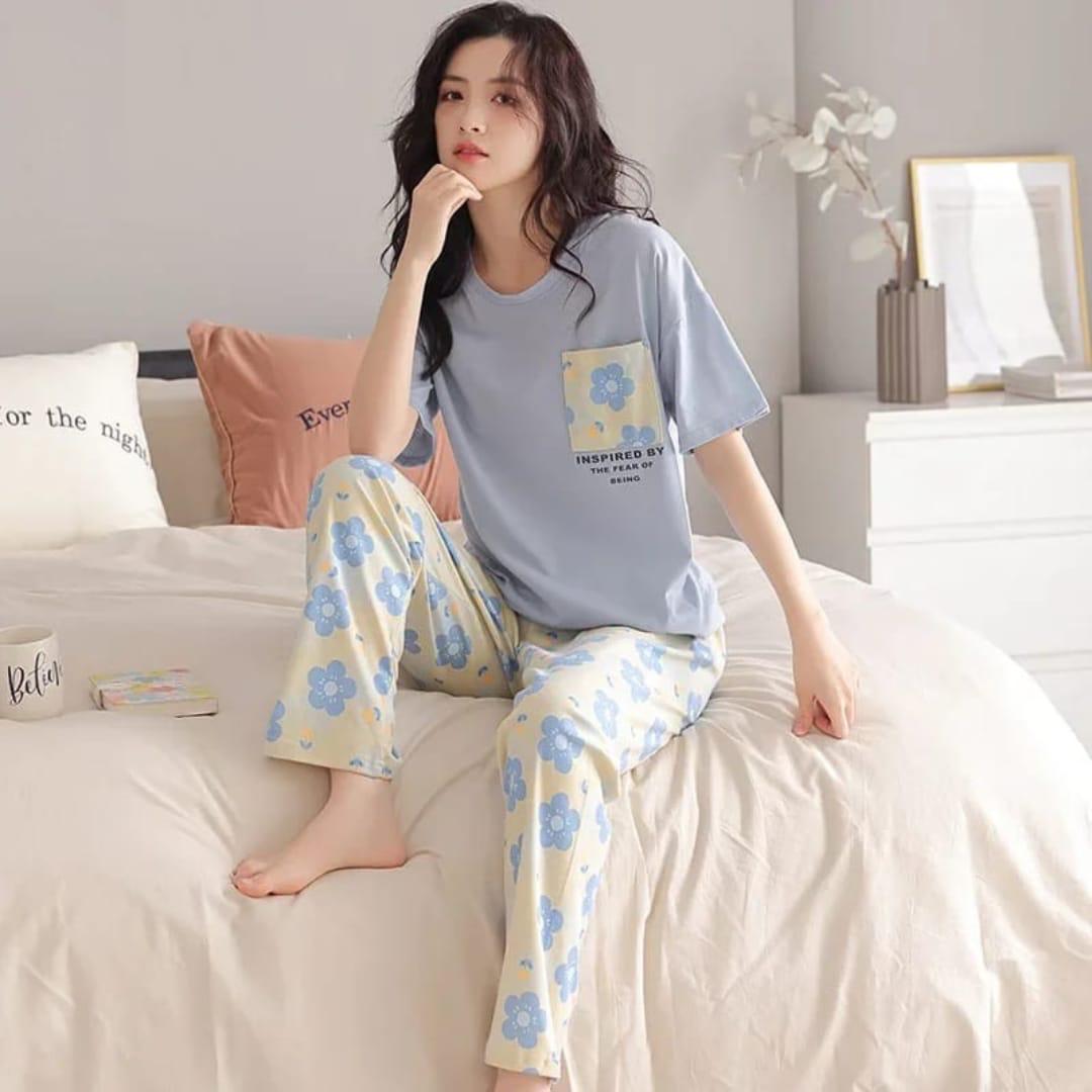 Blue Flower Pocket Print Half Sleeves T-shirt With Flowers Print Pajama Suit