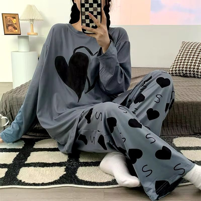 Grey Dual Hearts Full Sleeves Shirt & Trouser ( PJ Set )