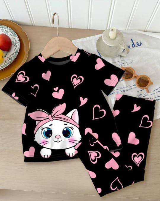 Black Cat & Hearts Summer Shirt & Trouser For Baby & Baba