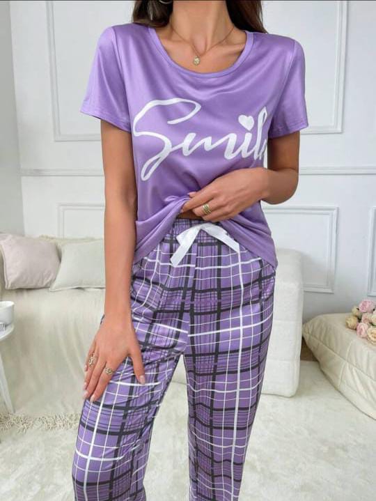 Purple smile print with check pajama Printed Night Wear Shirt & Trouser