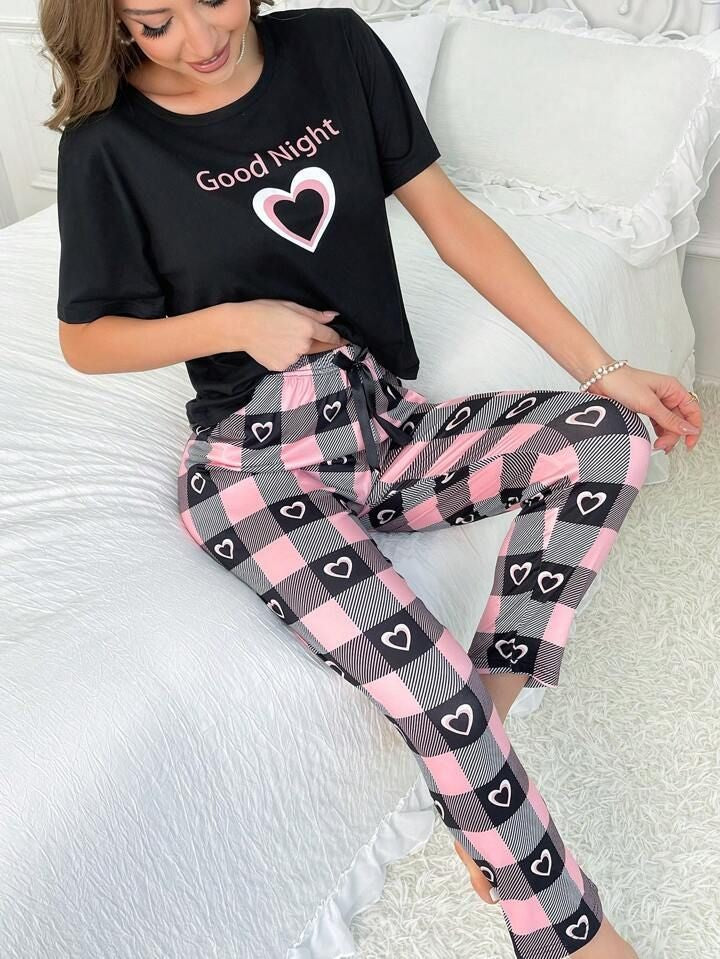 Black Good Night Hearts pajama Printed Night Wear Shirt & Trouser