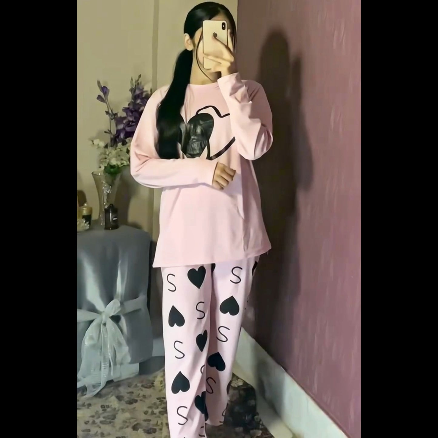 Pink Dual Hearts Full Sleeves Shirt & Trouser ( PJ Set )