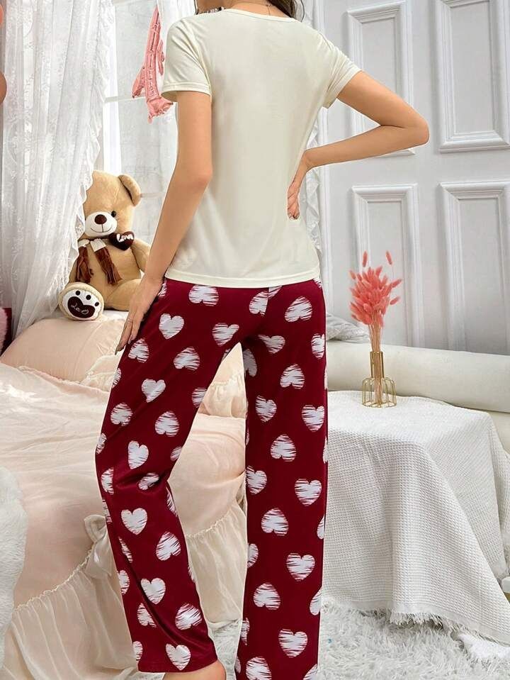 Off white Heart with Maroon Hearts pajama Printed Night Wear Shirt & Trouser