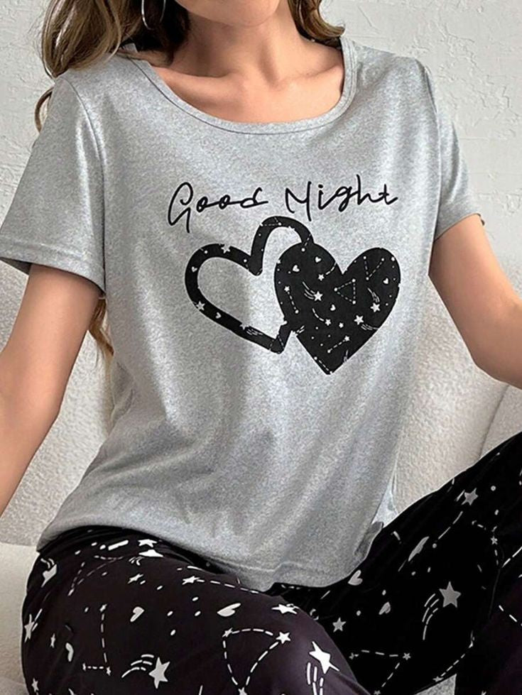 Grey Good Night Hearts Style Shirt Trouser ( PJ Set )