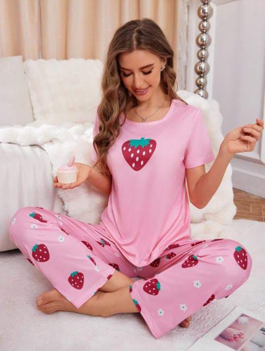 Pink Strawberry 🍓 Printed Night Wear Shirt & Trouser