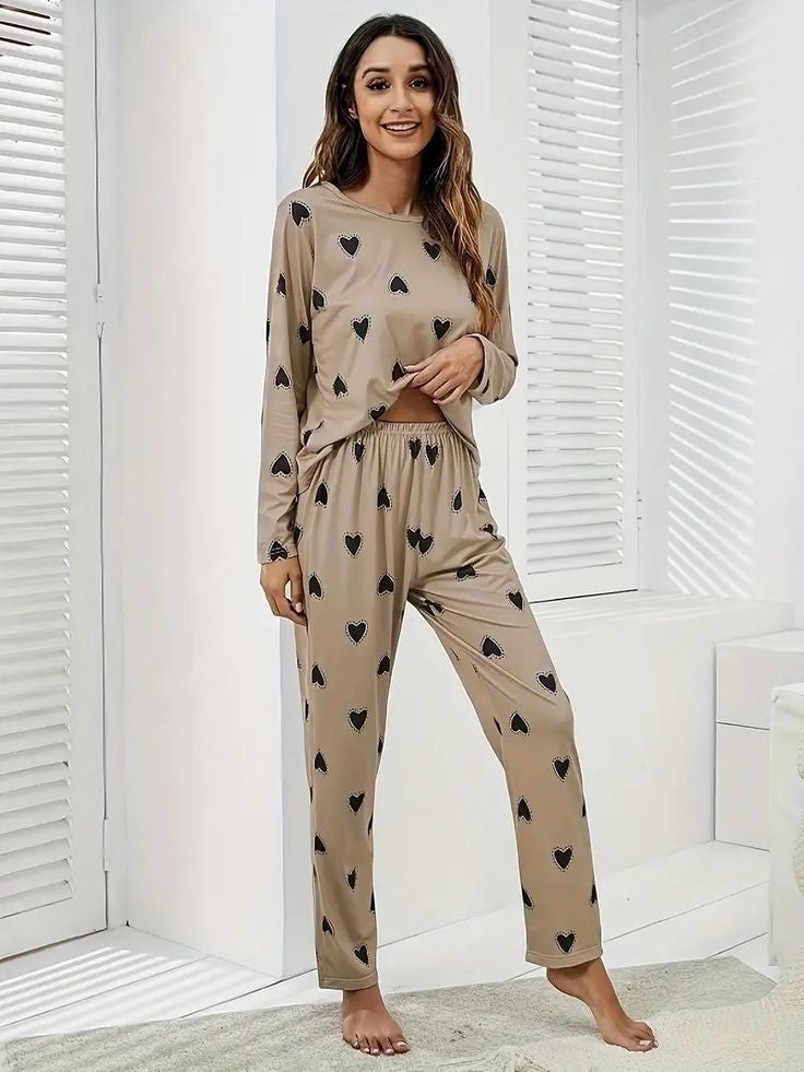 Brown with black hearts Printed Night Wear Shirt & Trouser