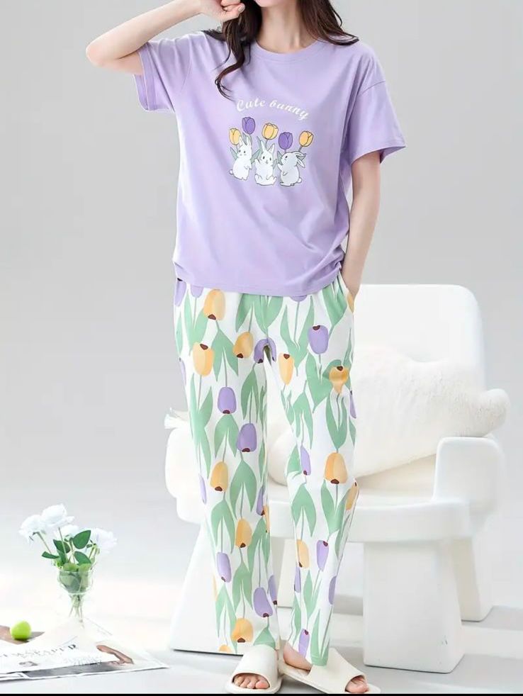 Lavender Bunny & Flowes Printed T-Shirt Trouser ( PJ Set )