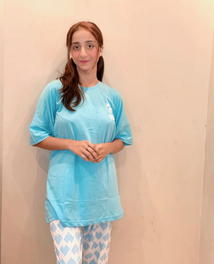 Sky Blue Printed Night Wear Shirt & Trouser