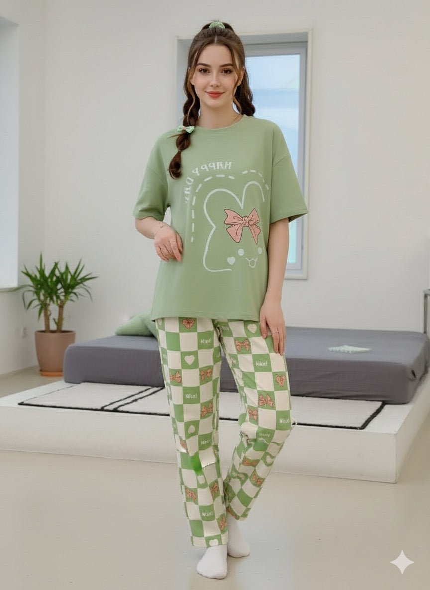 Happy Day Green & Printed T-Shirt Trouser ( PJ Set )