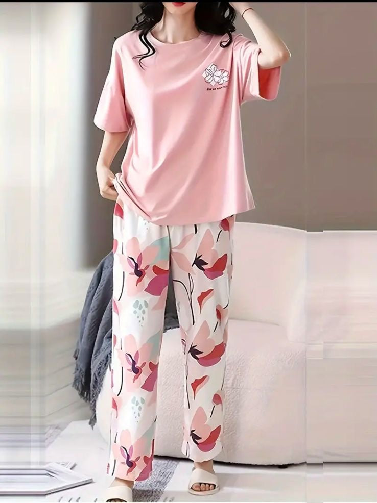 Pink Flowers Style Printed T-Shirt Trouser ( PJ Set )
