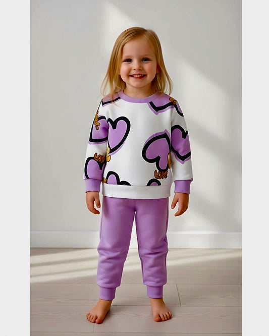 Purple Love Heart New Print Sweatshirt With Trouser For Kids