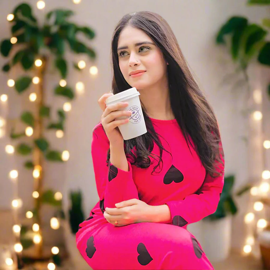 Hot Pink Hearts Full Sleeves Shirt & Trouser ( PJ Set )