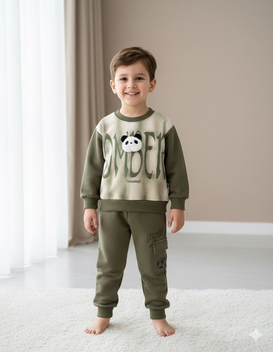 Green Panda DMBER Print Sweatshirt With Trouser For Kids