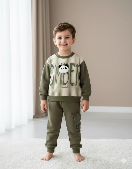 Green Panda DMBER Print Sweatshirt With Trouser For Kids