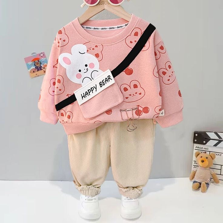 Pink Happy Bear Print Sweatshirt With Trouser For Kids
