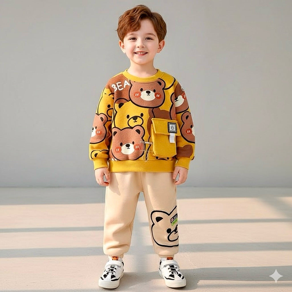 Yellow Brown Bear Print Sweatshirt With Trouser For Kids