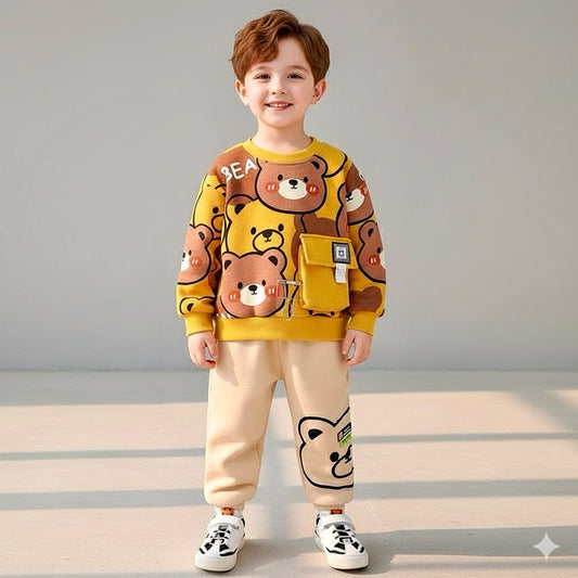 Yellow Brown Bear Print Sweatshirt With Trouser For Kids