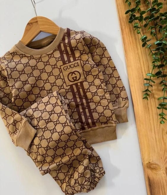 Brown Gucci Print Sweatshirt With Trouser For Kids