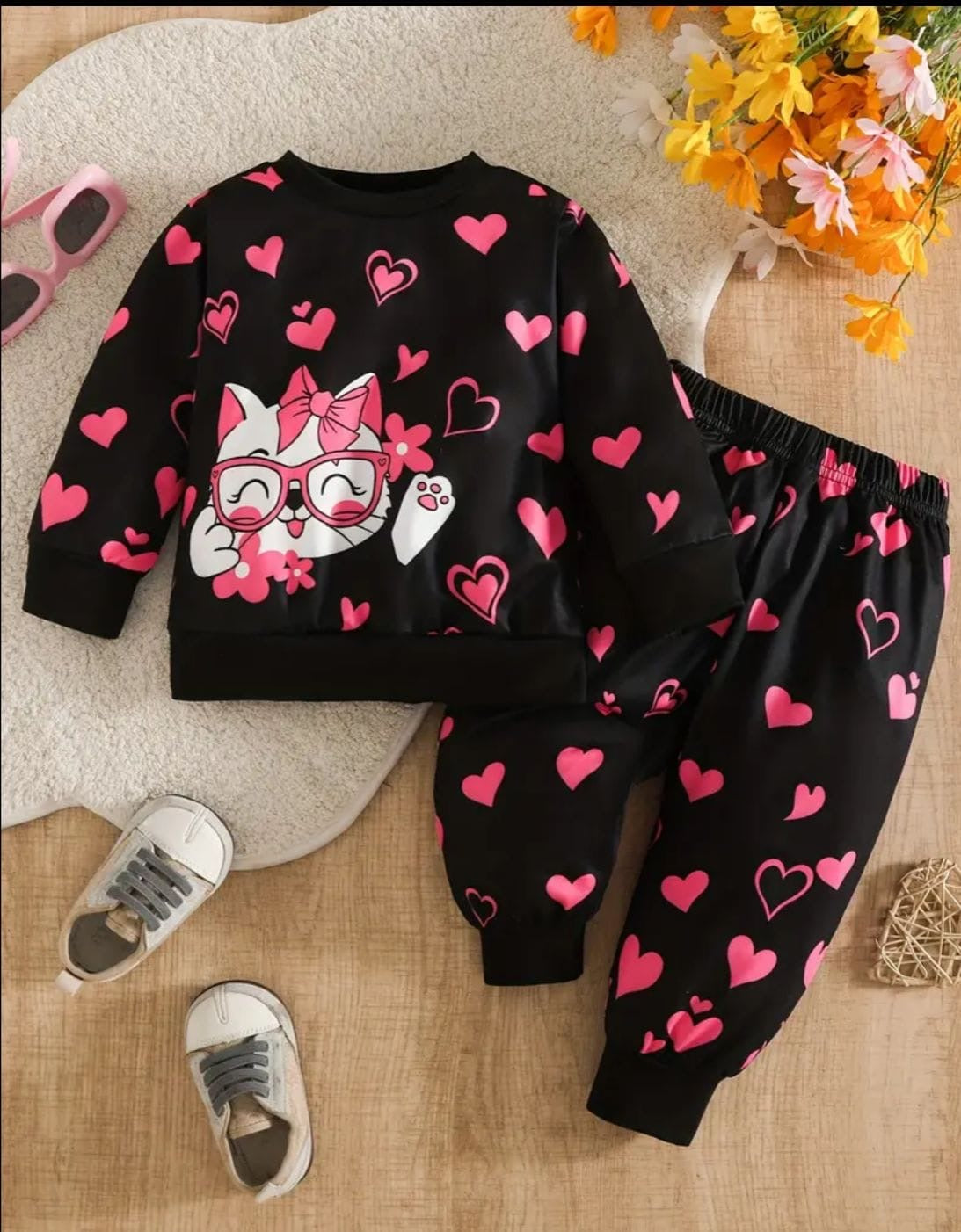Black Catty Print Sweatshirt With Trouser For Kids