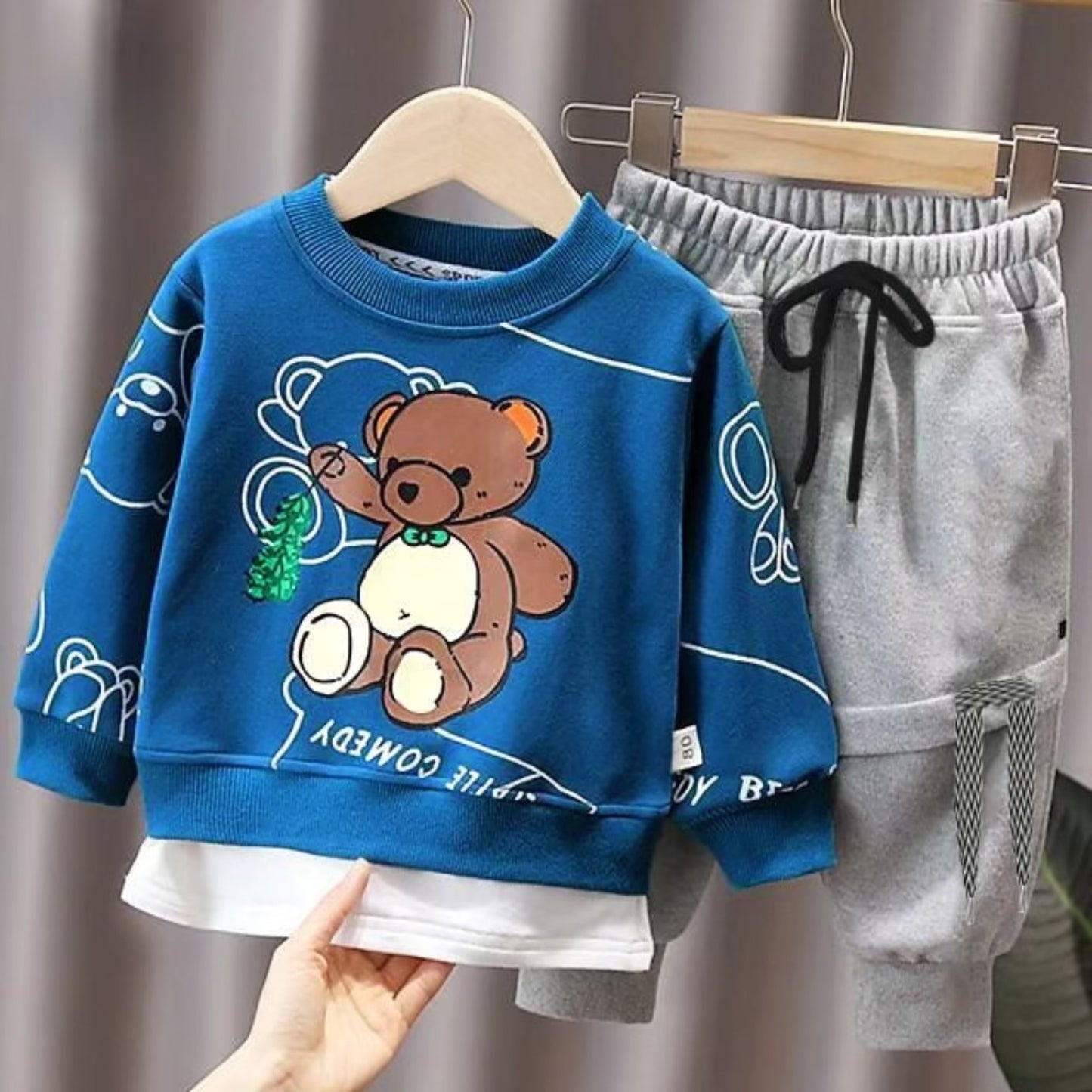 Blue Bear Print Sweatshirt With Trouser For Kids