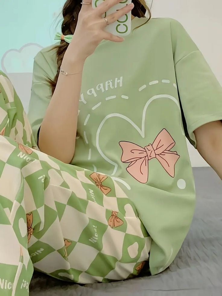 Happy Day Green & Printed T-Shirt Trouser ( PJ Set )