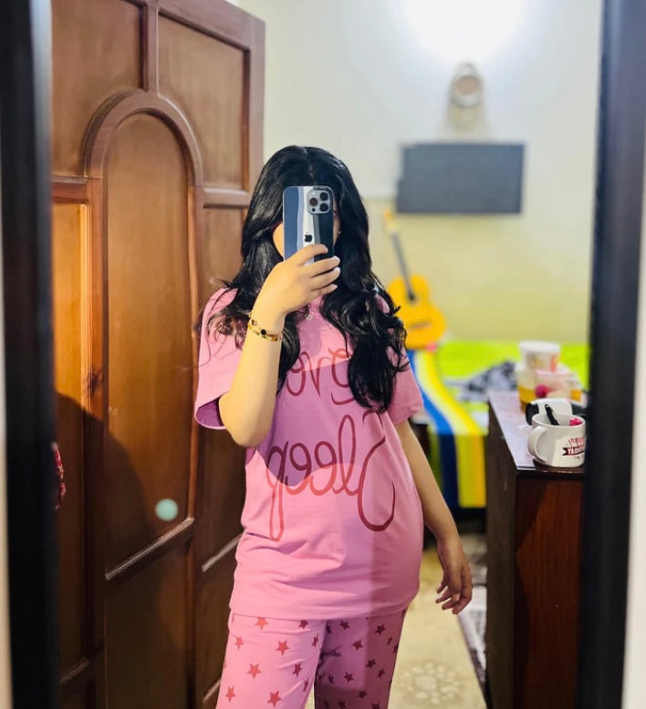 Pink Love Sleep Printed Night Wear Shirt & Trouser