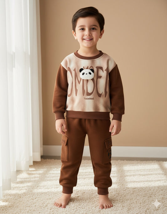 Brown Panda DMBER Print Sweatshirt With Trouser For Kids