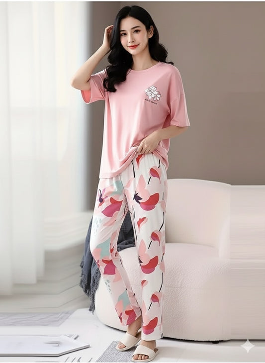Pink Flowers Style Printed T-Shirt Trouser ( PJ Set )