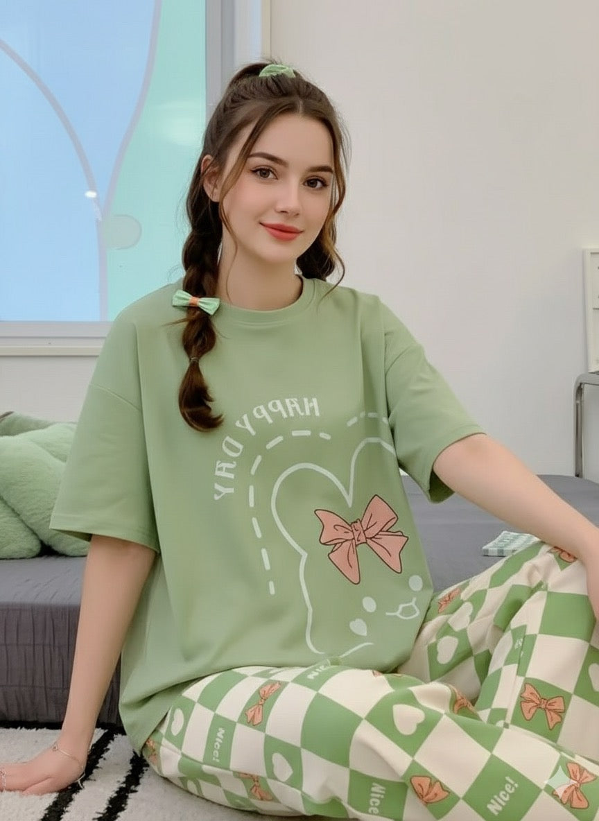 Happy Day Green & Printed T-Shirt Trouser ( PJ Set )