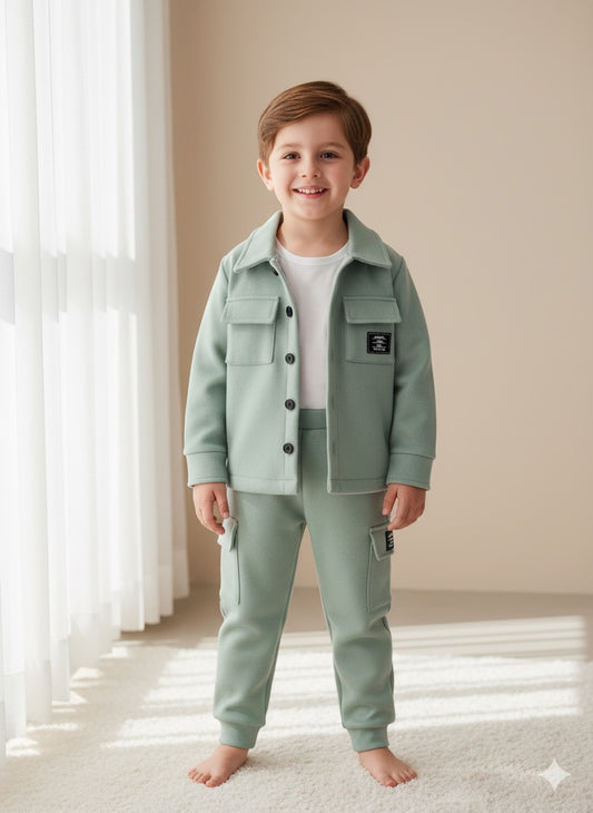 Sky Green Print Cord Set With Trouser For Kids