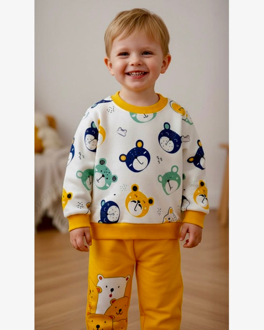 White Yellow Cute Bear New Print Sweatshirt With Trouser For Kids