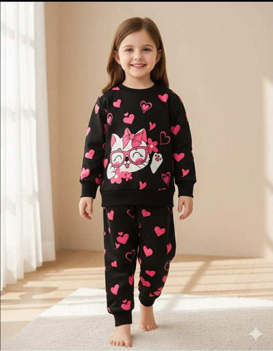 Black Catty Print Sweatshirt With Trouser For Kids