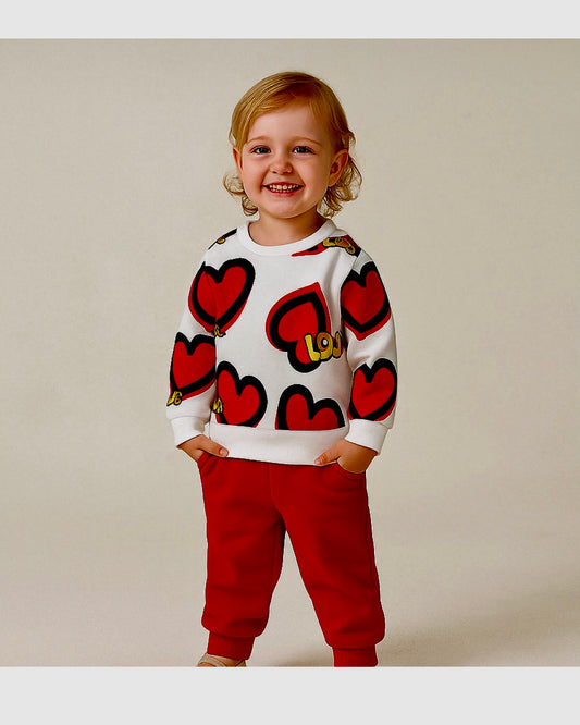 Red Love Heart New Print Sweatshirt With Trouser For Kids