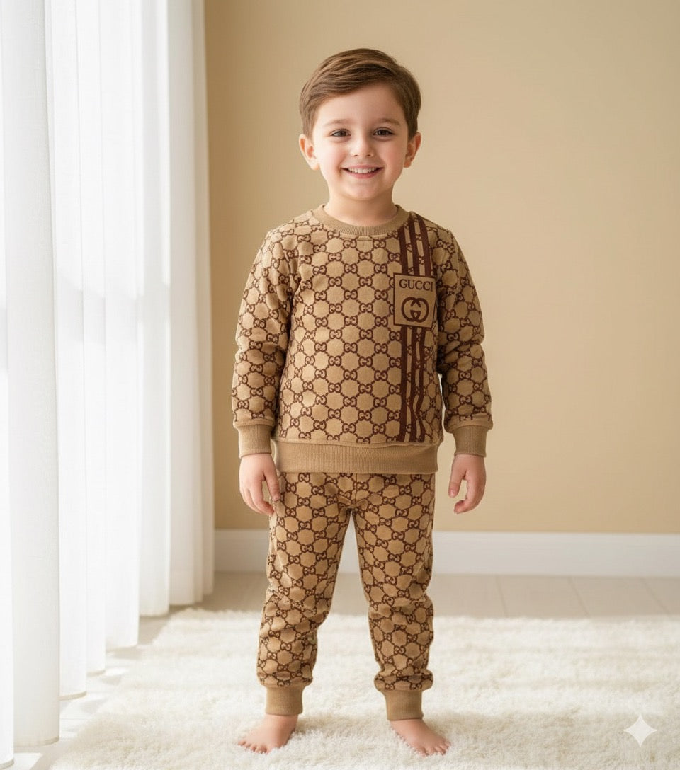 Brown Gucci Print Sweatshirt With Trouser For Kids