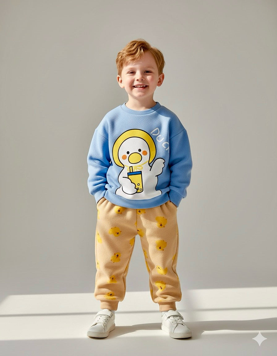 Blue Duck Print Sweatshirt With Trouser For Kids