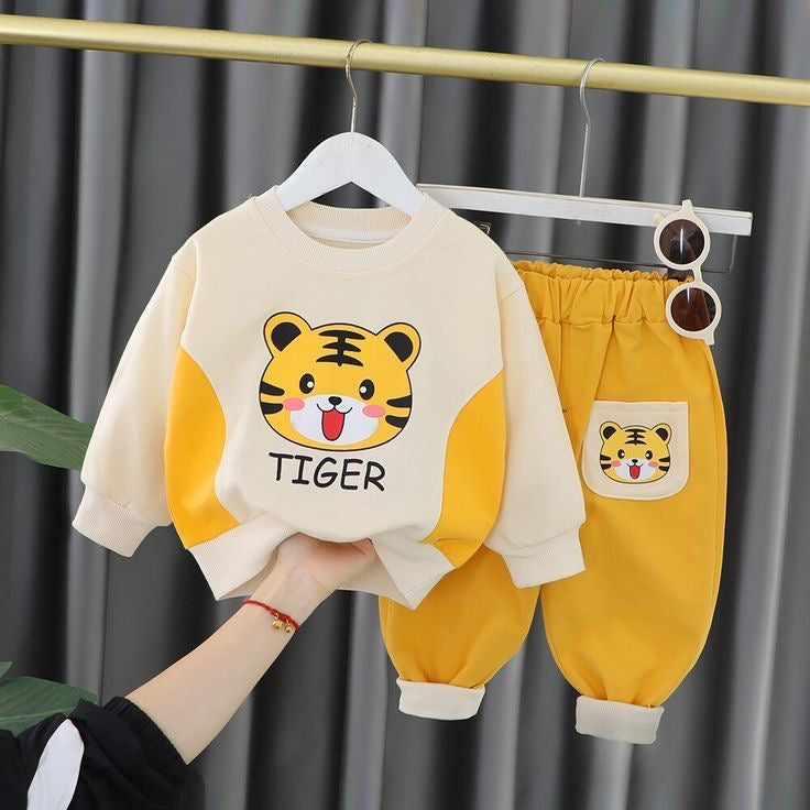 Yellow Tiger Print Sweatshirt With Trouser For Kids