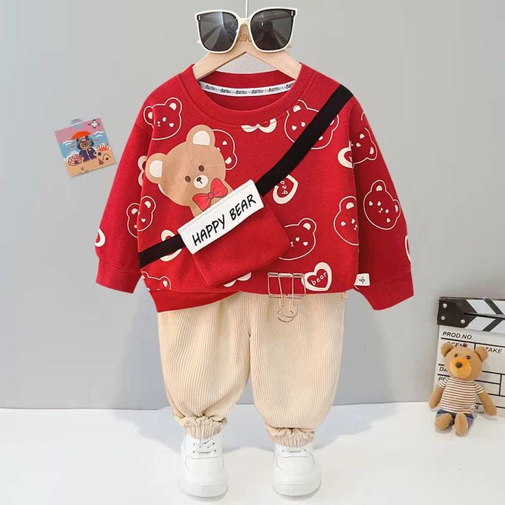Red Happy Bear Print Sweatshirt With Trouser For Kids